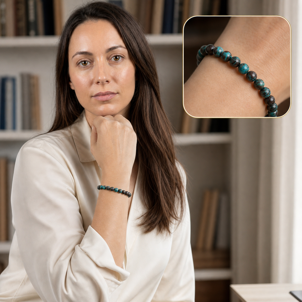 Bracelet en chrysocolle du Congo 8 mm - 16 à 18 cm, mise en situation avec Elena et macro intégrée