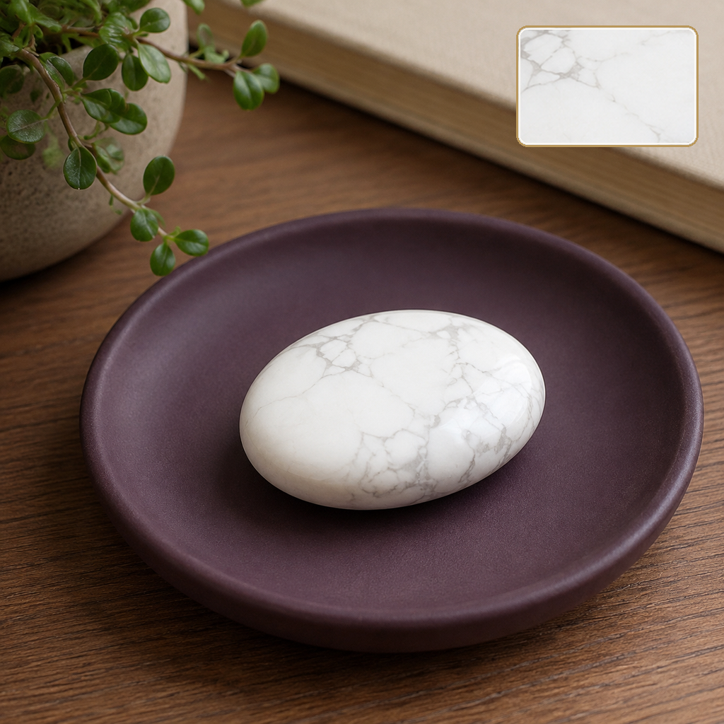 Pierre roulée en howlite blanche - Galet de 45 mm posé près d’un carnet avec un détail agrandi