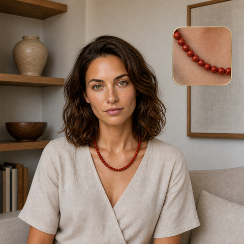 Collier en jaspe rouge 6 mm, 45 cm, porté en situation
