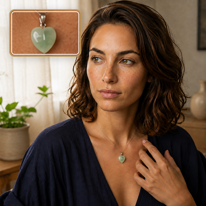 Pendentif cœur en fluorine verte porté sur une chaîne de présentation, détail en encart