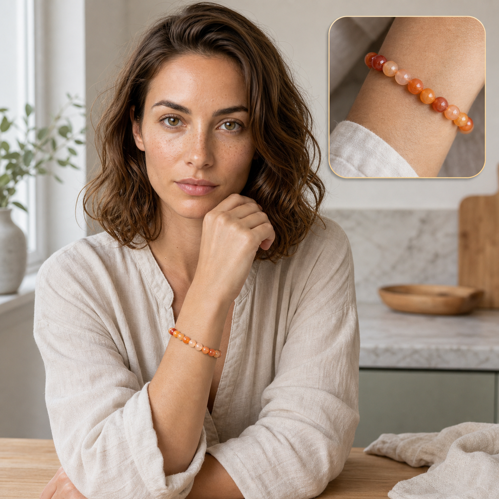 Bracelet en cornaline 8 mm - 16 à 18 cm, mise en situation avec Chloé et macro intégrée