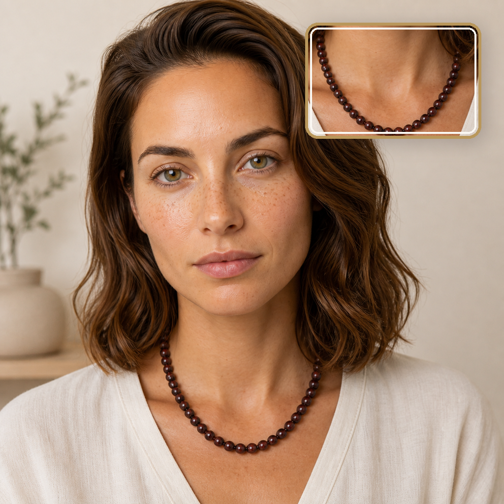 Collier en œil de taureau 8 mm - 45 cm, mise en situation calme avec détail intégré