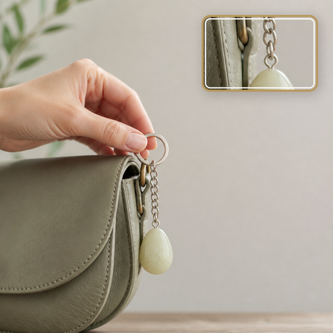 Accessoire porte-clés goutte en jade de Chine, mise en situation calme avec détail intégré