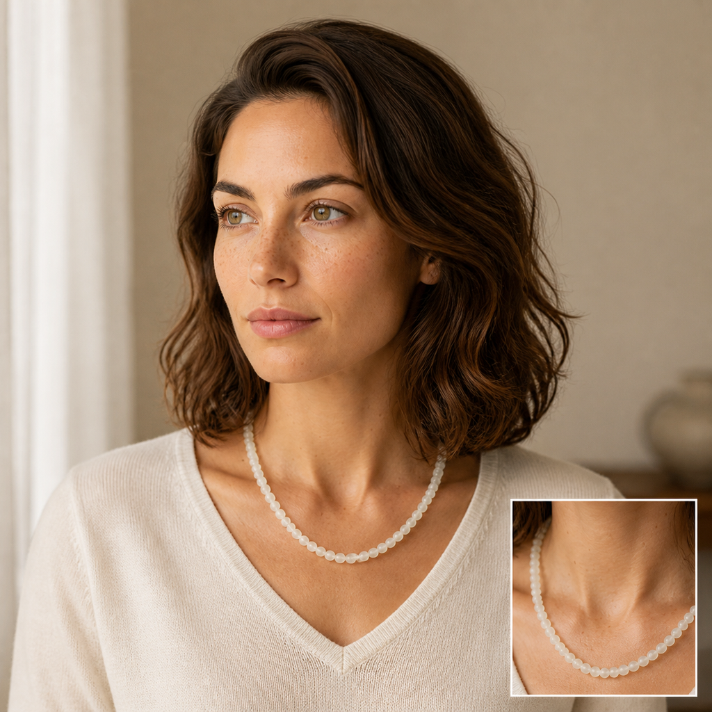 Collier en jade de Chine 6 mm - 45 cm, mise en situation avec Chloé et macro intégrée