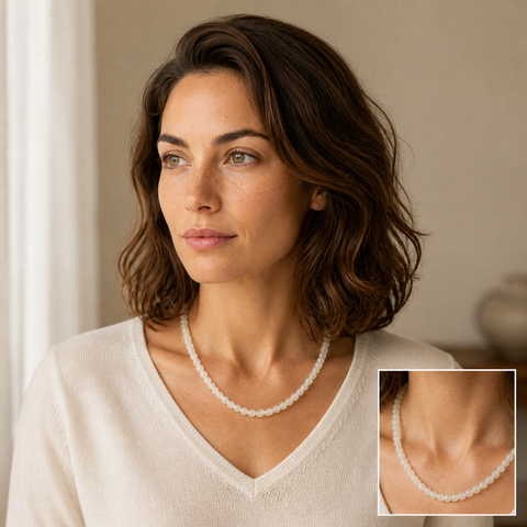 Collier en jade de Chine 6 mm - 45 cm, mise en situation avec Chloé et macro intégrée