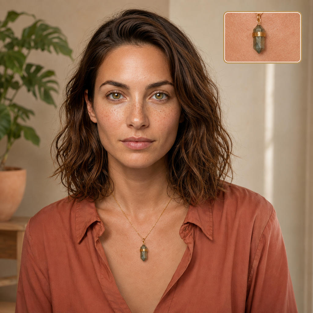 Collier doré en labradorite porté en intérieur avec un détail agrandi