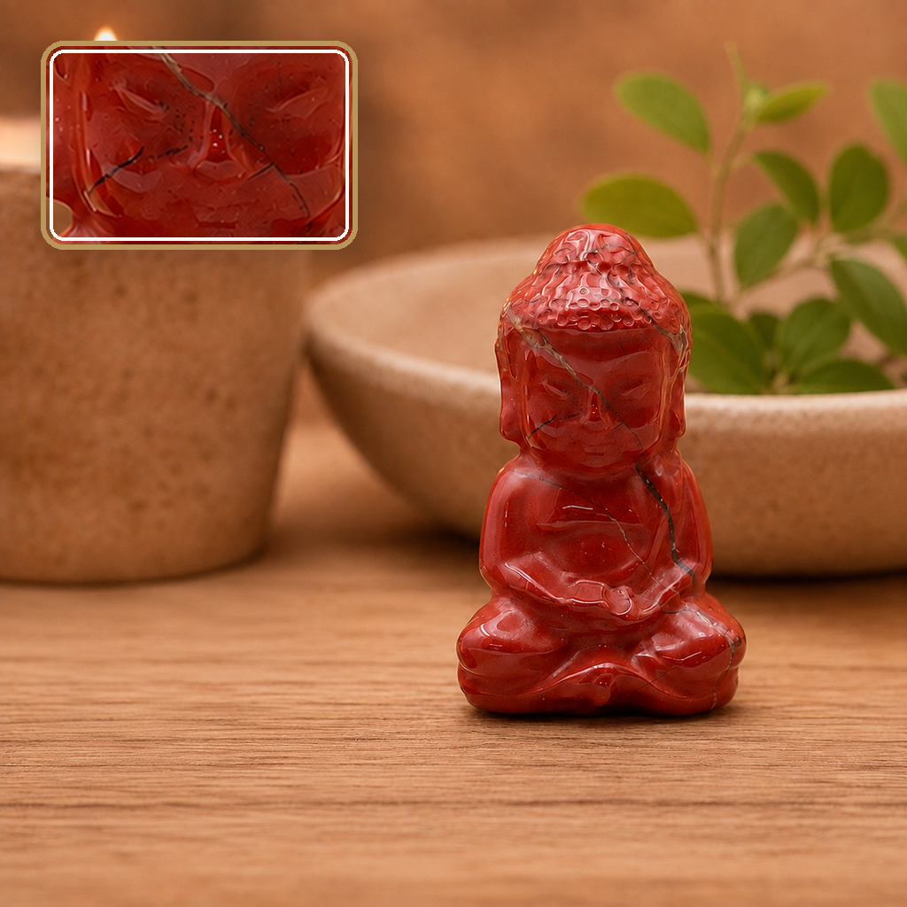 Bouddha en jaspe rouge près d'une branche verte, détail en encart