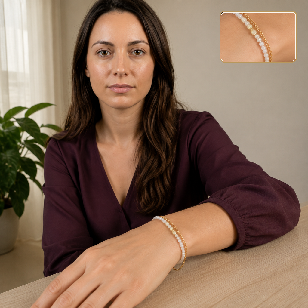 Bracelet doré en nacre et pierre de lune porté en intérieur avec un détail agrandi
