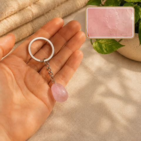Porte-clés en quartz rose dans une main, détail en encart