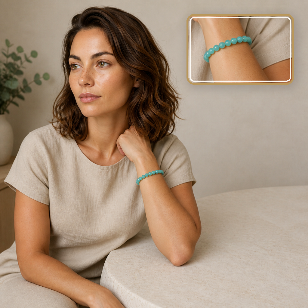 Bracelet en amazonite des États-Unis - Perles de 6 mm, porté dans une scène calme avec détail intégré