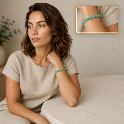 Bracelet en amazonite des États-Unis - Perles de 6 mm, porté dans une scène calme avec détail intégré