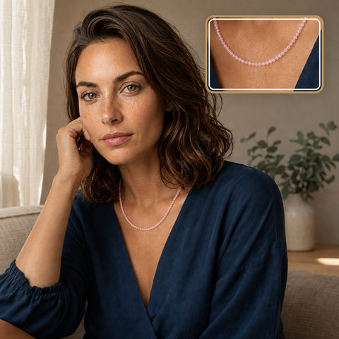 Collier en quartz rose porté avec une chemise bleu marine, détail du collier en encart