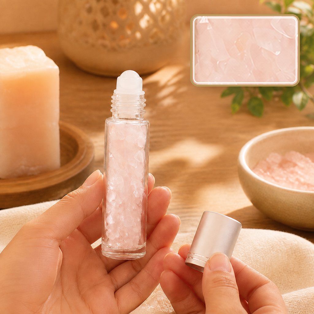 Flacon roll-on en quartz rose près d’une plante, détail en encart