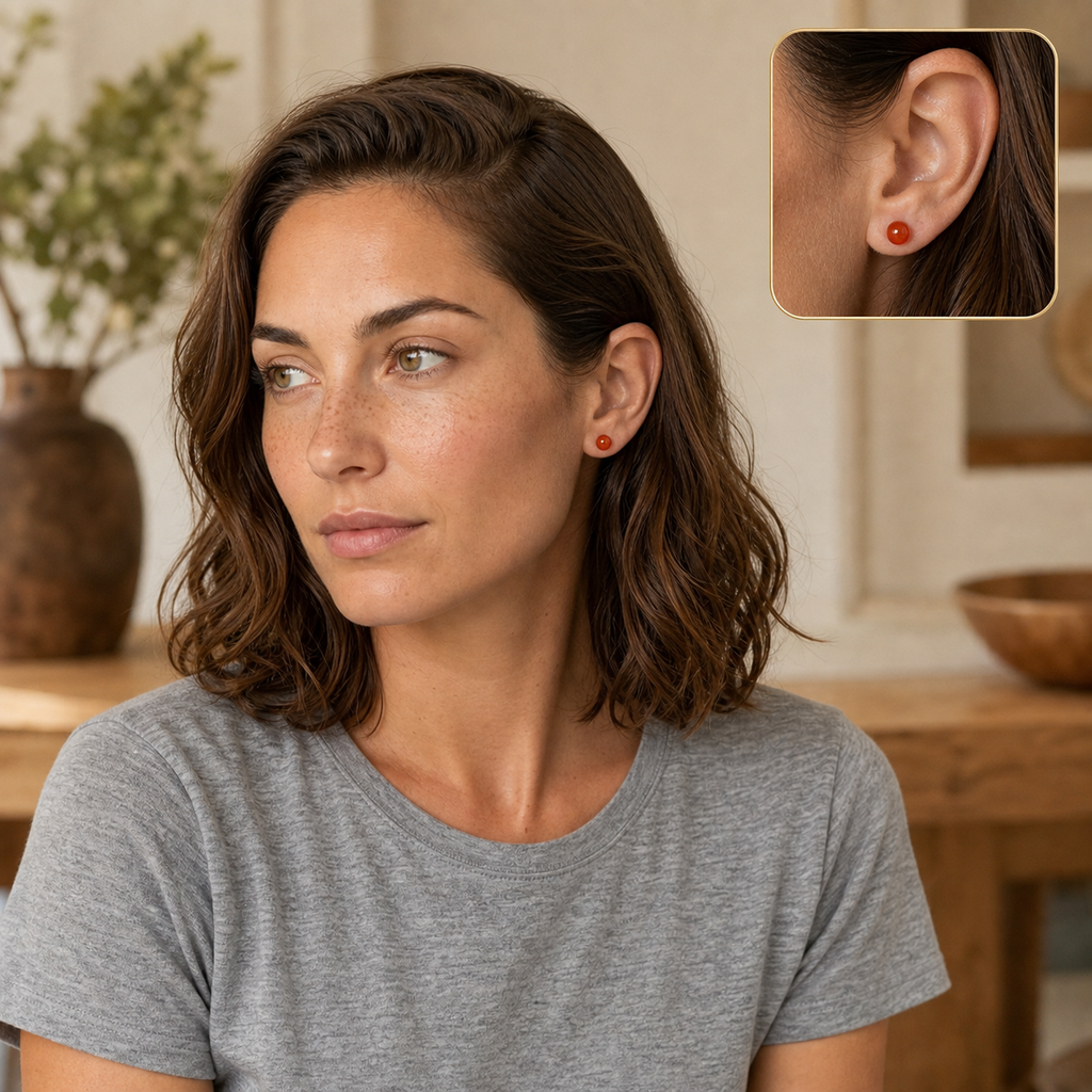 Boucles d'oreilles puces en cornaline 8 mm, mise en situation avec Chloé et macro intégrée