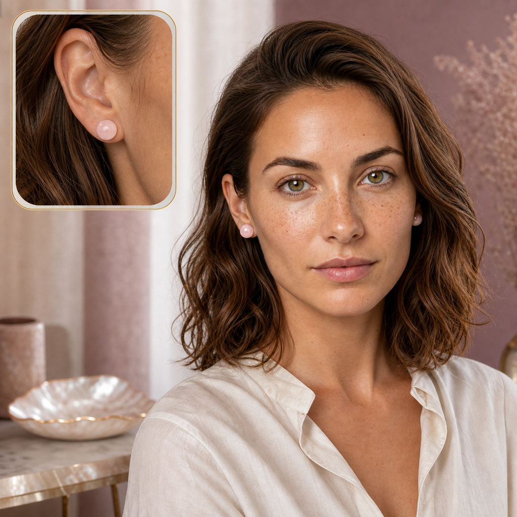 Boucles d'oreilles puces en quartz rose 10 mm, mise en situation avec Chloé et macro intégrée