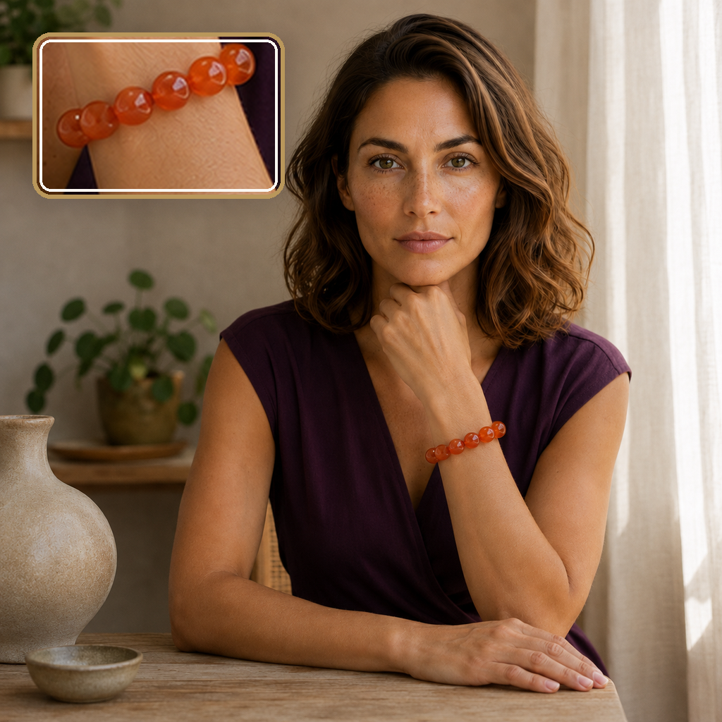 Bracelet en cornaline porté avec un haut prune, détail du poignet en encart