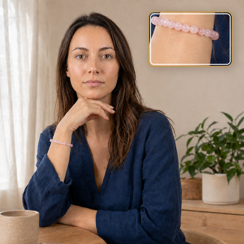 Bracelet en quartz rose porté avec une blouse bleu marine, détail en encart
