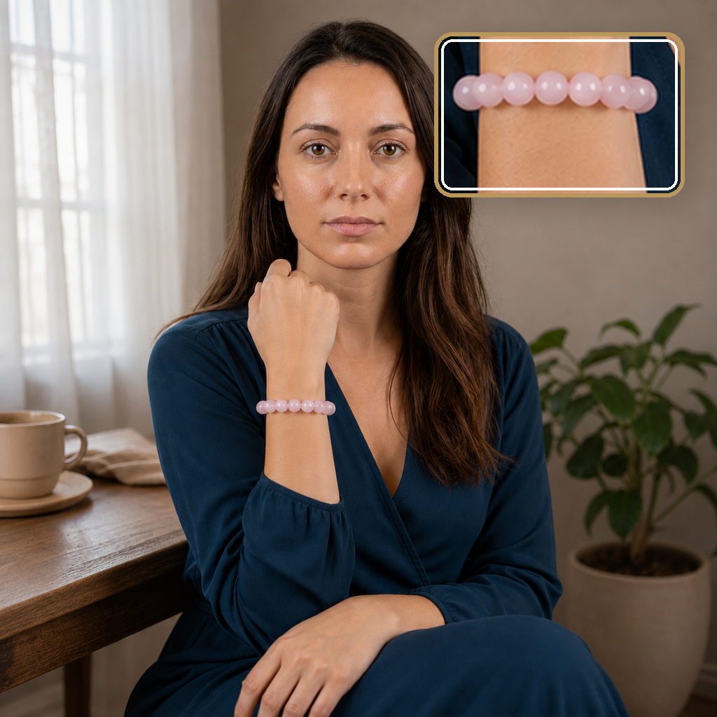 Bracelet en quartz rose porté avec une blouse bleu marine, détail du poignet en encart