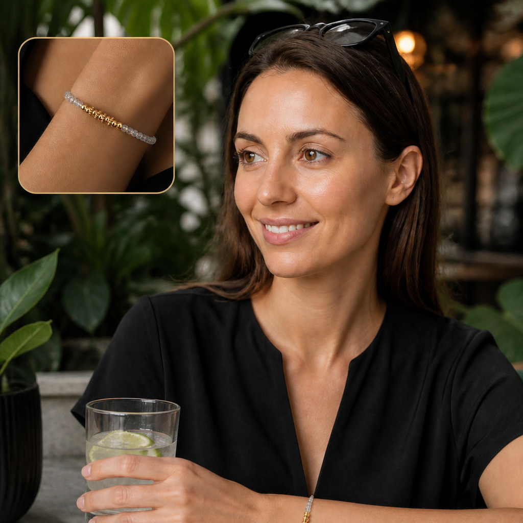 Bracelet doré en aigue-marine naturelle - 16 à 21 cm, mise en situation avec Elena et macro intégrée