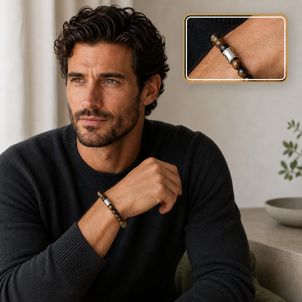 Bracelet Kahel argenté en onyx et œil de tigre, mise en situation calme avec détail intégré