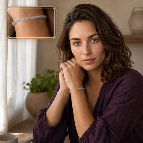 Bracelet fin en aigue-marine porté avec une blouse prune, détail en encart