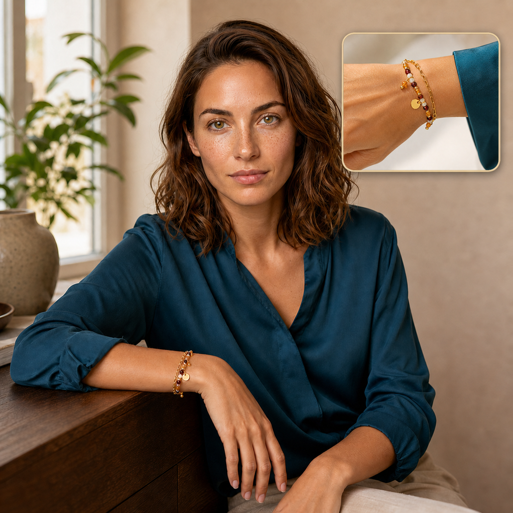 Chloé portant le bracelet Iris avec une macro du bracelet intégrée