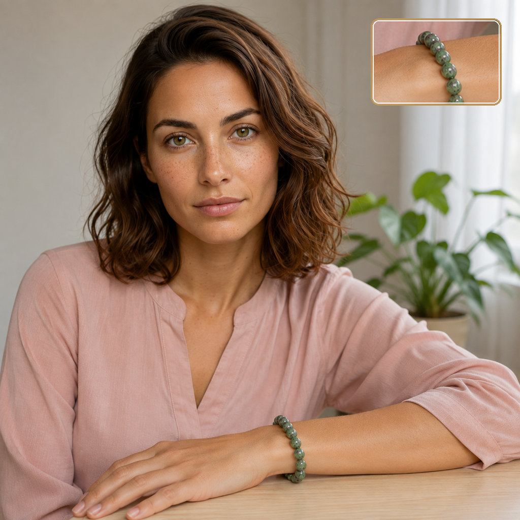 Bracelet en zoïsite - Perles de 10 mm porté en intérieur avec un détail agrandi