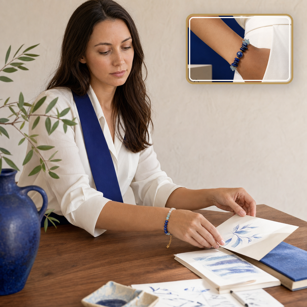 Bracelet doré en sodalite et pierres bleues, mise en situation avec Elena et macro intégrée