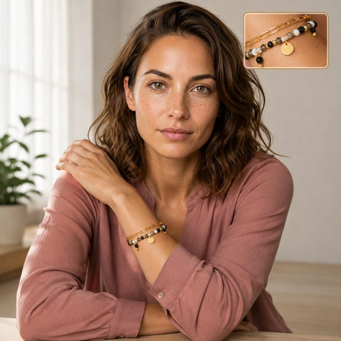 Bracelet doré en tourmaline, quartz fumé et aigue-marine porté en intérieur avec un détail agrandi