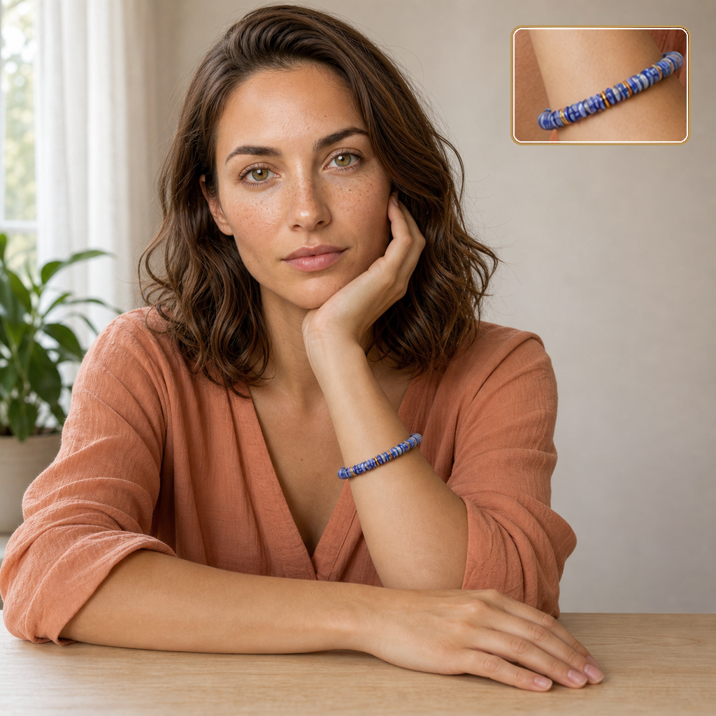Bracelet doré en sodalite - Perles de 6 mm porté en intérieur avec un détail agrandi