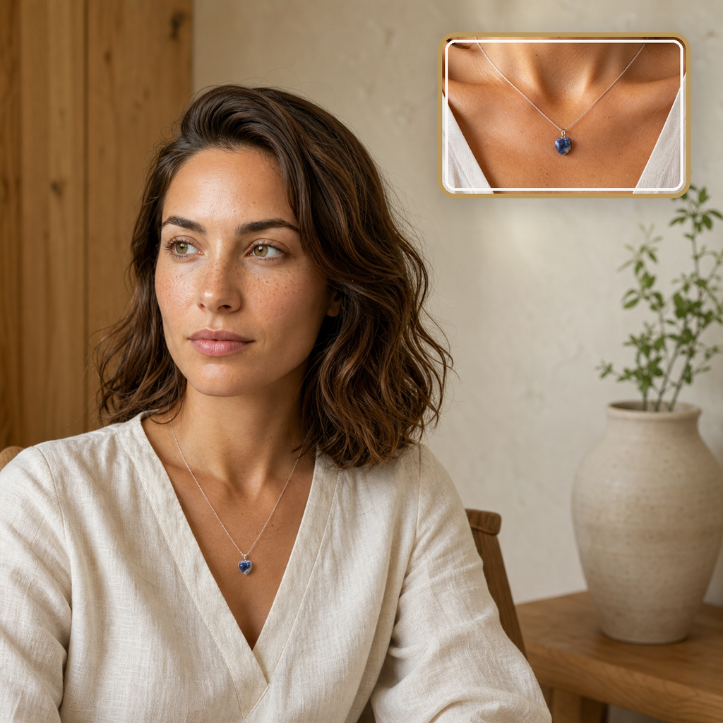 Chloé portant le pendentif sodalite avec encart macro