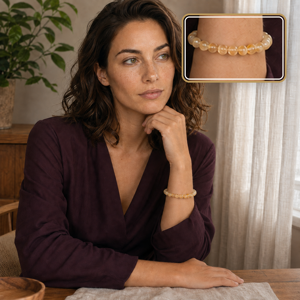 Bracelet en citrine chauffée porté avec une blouse prune, détail du poignet en encart