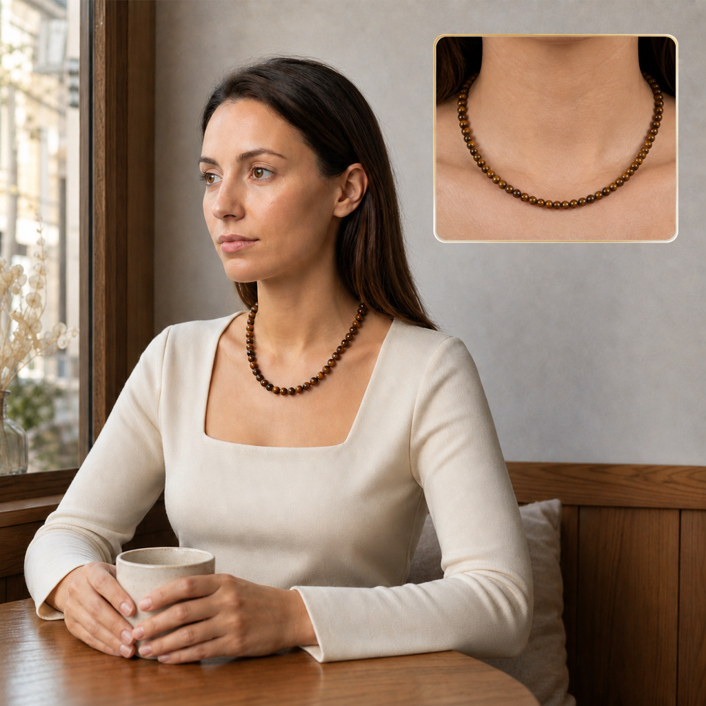Collier en œil de tigre 6 mm - 45 cm, mise en situation avec Elena et macro intégrée