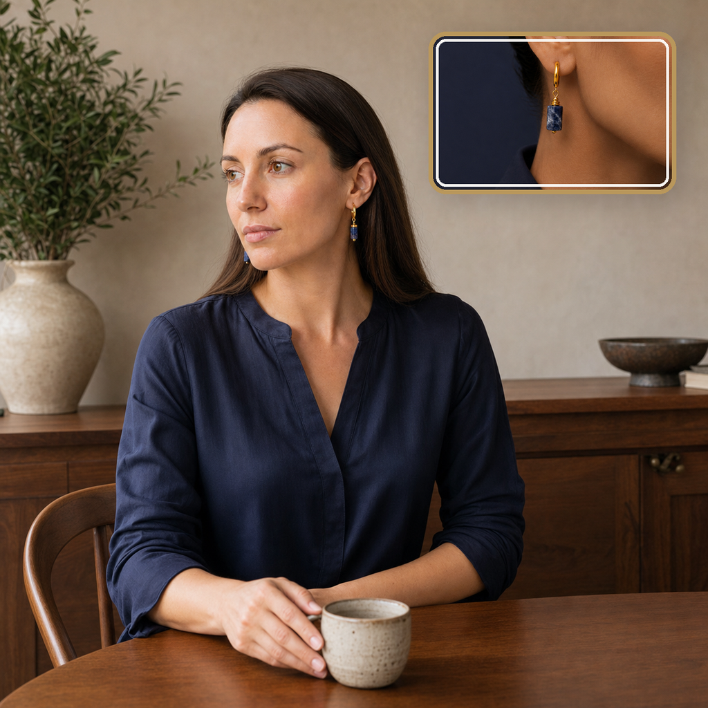 Boucles d'oreilles dorées en sodalite - 36 mm, mise en situation avec Elena et macro intégrée