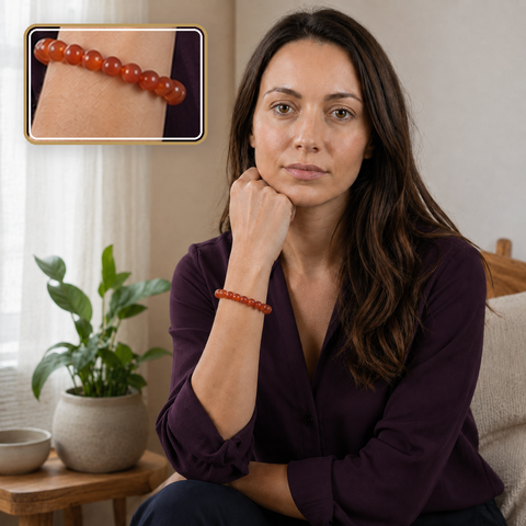 Bracelet en cornaline porté avec une blouse prune, détail du poignet en encart