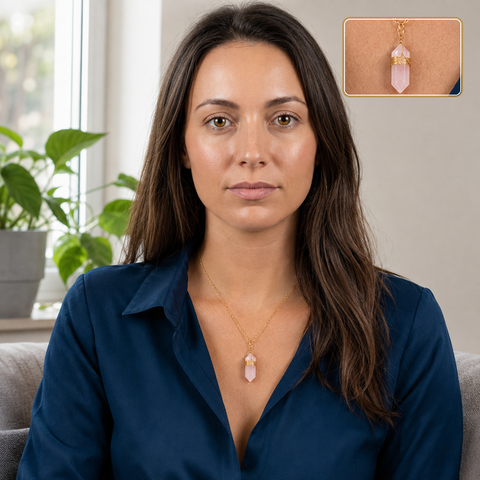 Collier doré en quartz rose porté en intérieur avec un détail agrandi