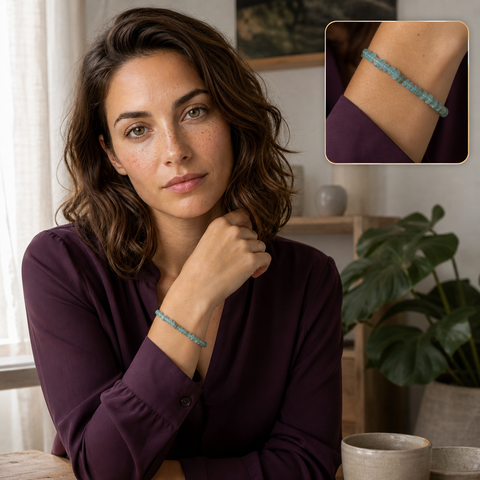 Bracelet baroque en apatite bleue - 16 à 18 cm, porté en scène calme avec macro intégrée