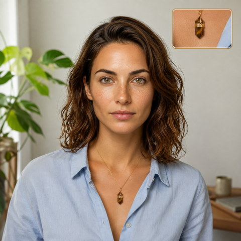 Collier doré en œil de tigre porté en intérieur avec un détail agrandi