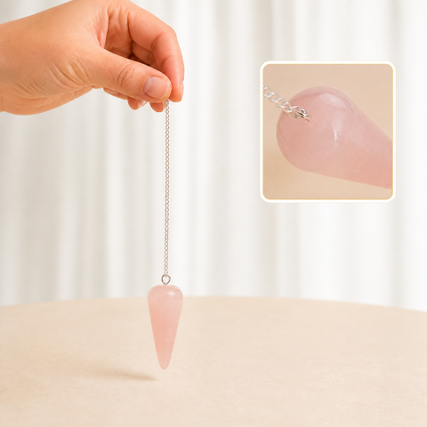 Pendule conique en quartz rose du Brésil, présenté avec sa chaîne