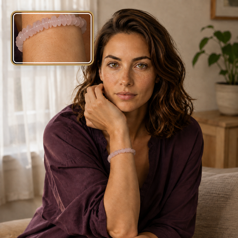 Bracelet en quartz rose porté avec un haut prune, détail en encart