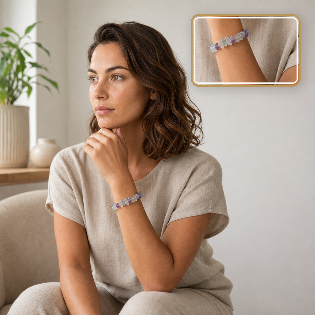 Bracelet baroque en fluorine multicolore - 16 à 18 cm, porté dans une scène calme avec détail intégré