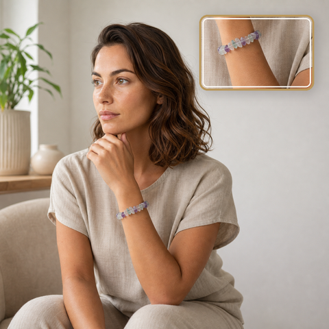 Bracelet baroque en fluorine multicolore - 16 à 18 cm, porté dans une scène calme avec détail intégré