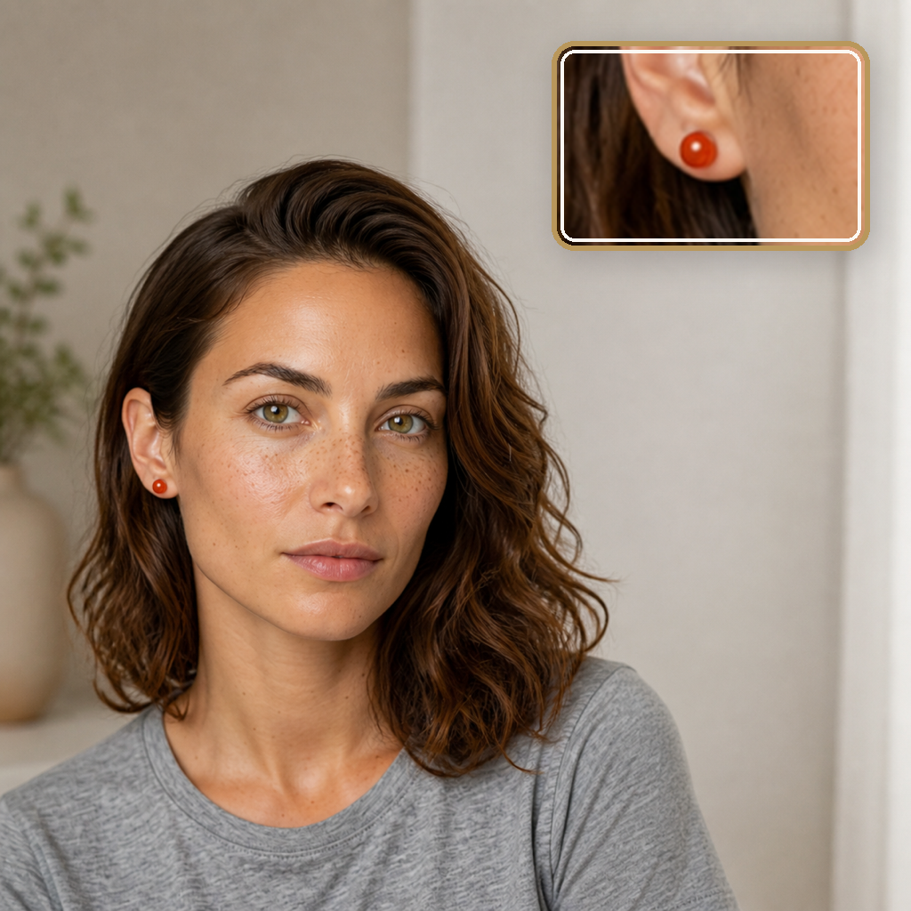 Boucles d'oreilles puces en cornaline - 10 mm, porté dans une scène calme avec détail intégré