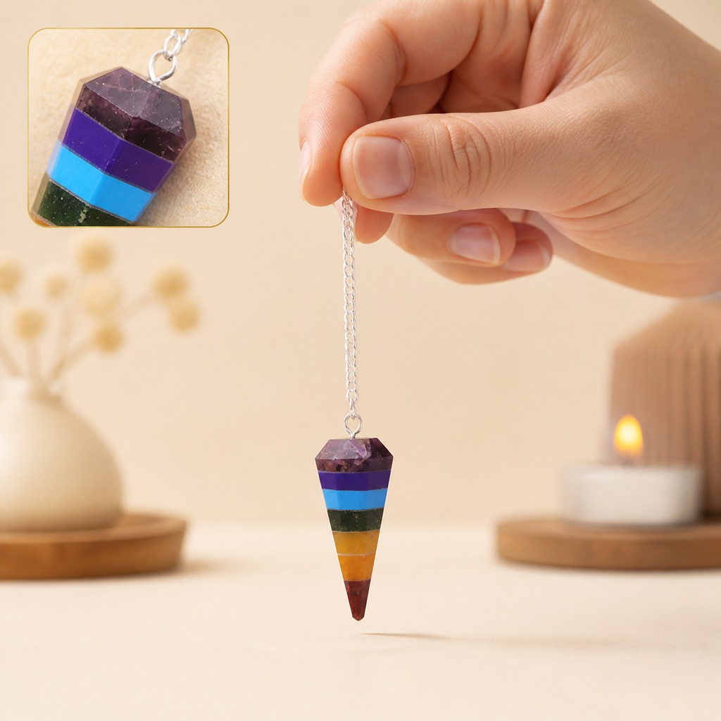 Pendule 7 chakras hexagonal avec améthyste en contexte calme avec détail intégré