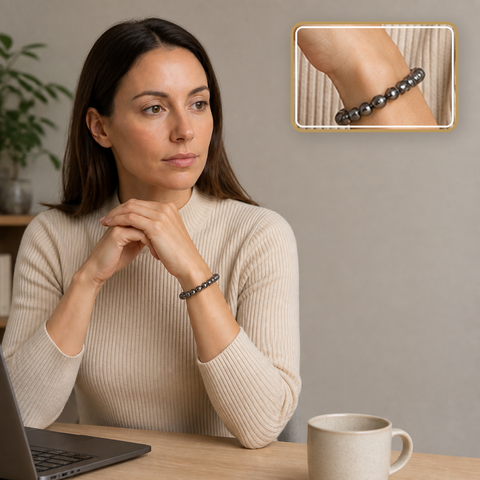 Bracelet en hématite - Perles de 6 mm, porté dans une scène calme avec détail intégré