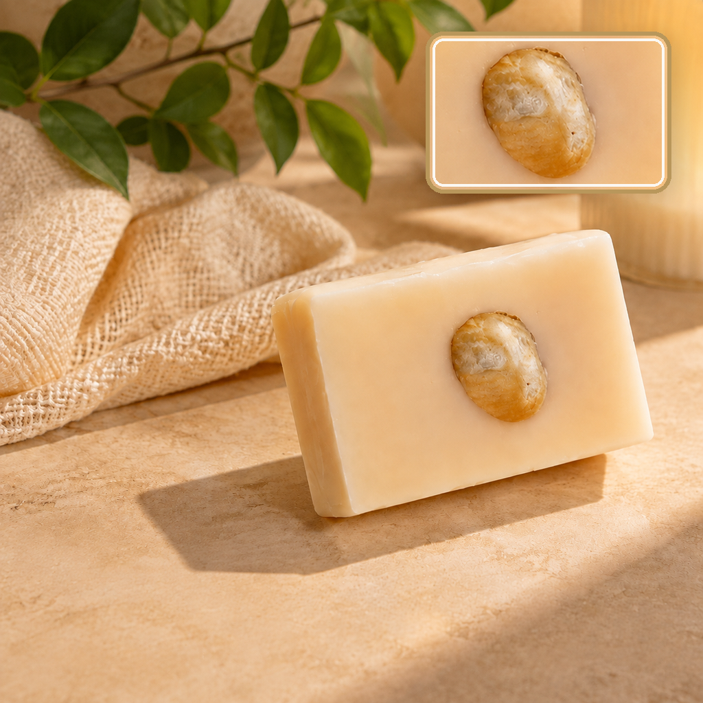 Savon au miel sur une pierre claire avec du lin et une branche verte, détail de la pierre en encart