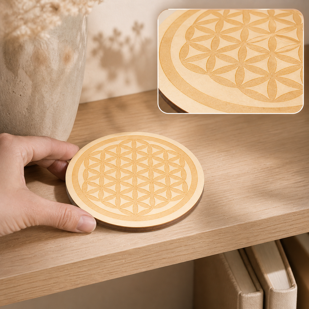Plaque Fleur de Vie gravée en bois - 10 cm en contexte calme avec détail intégré