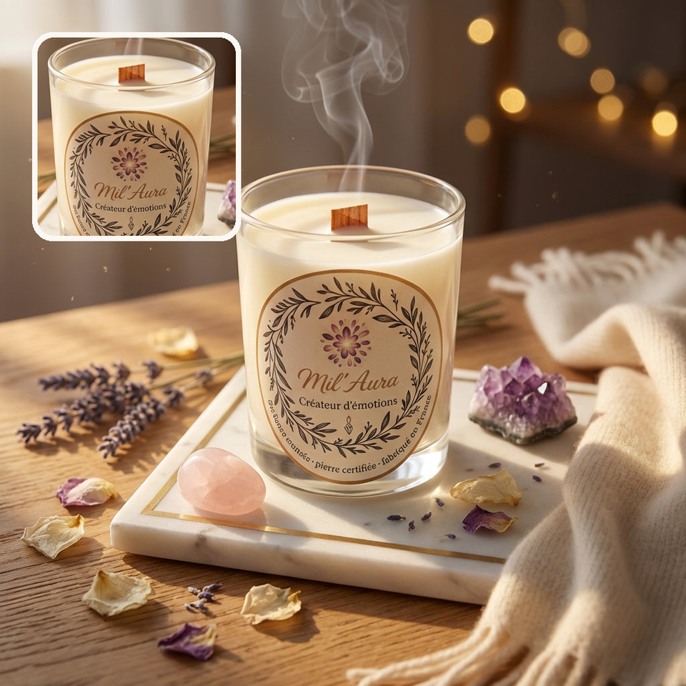 Bougie Élégance - Quartz rose allumée dans une ambiance chaleureuse avec détail rapproché
