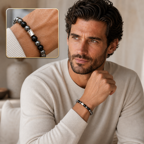 Bracelet Kahel en onyx et hématite, porté en situation