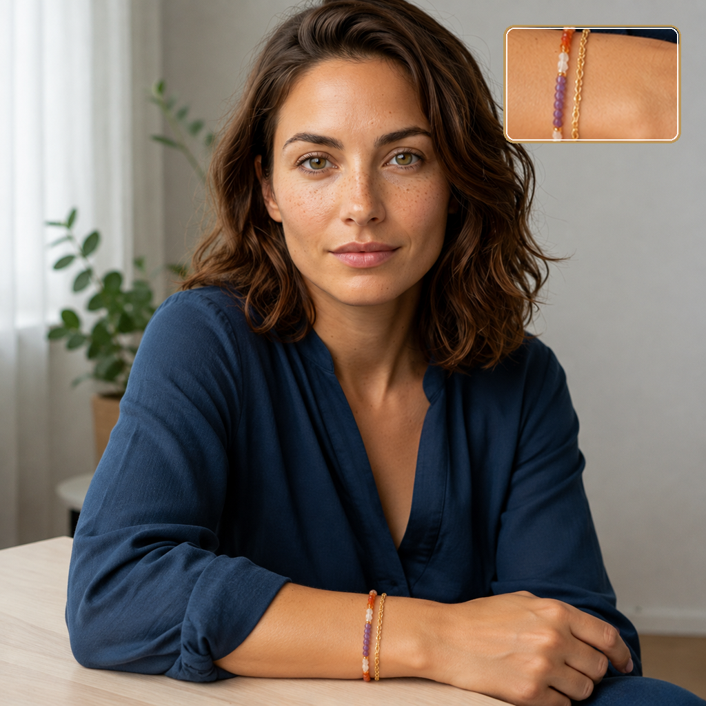 Bracelet doré en améthyste, cornaline et cristal de roche porté en intérieur avec un détail agrandi